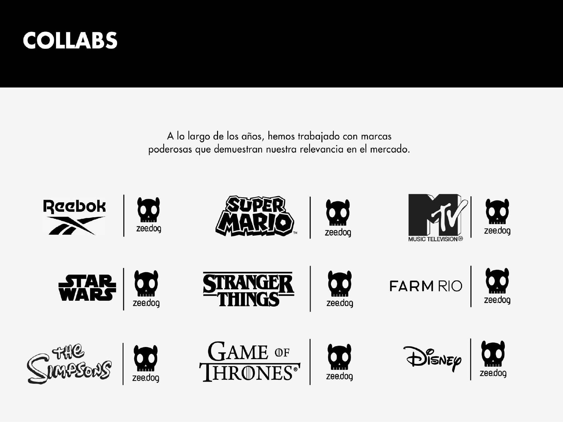 Colaboraciones históricas de Zee.Dog: Reebok, Super Mario, MTV, Star Wars, Stranger Things, Farm Rio, The Simpsons, Game of Thrones y Disney