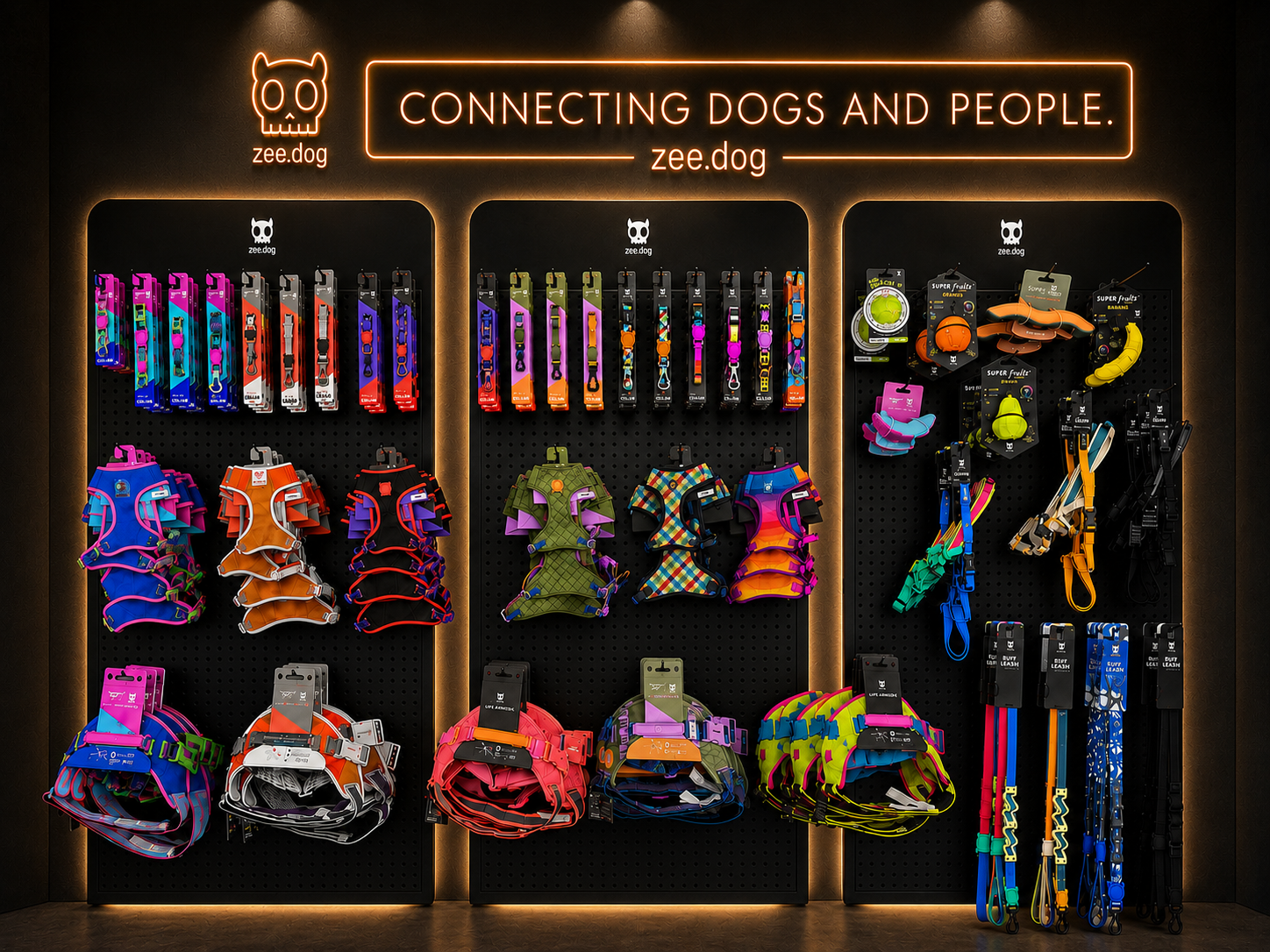 Propuesta de exhibición Zee.Dog con paneles iluminados y surtido de accesorios